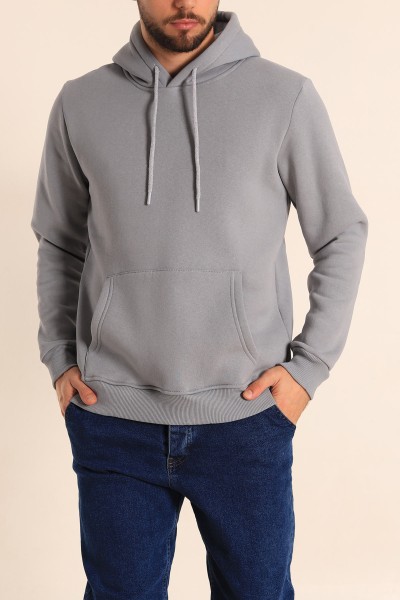 Füme Oversize Üç İp Şardonlu Basic Kapüşonlu Erkek Sweatshirt 222531