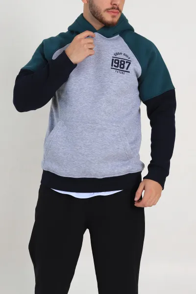 Füme Oversize Üç İp Şardonlu Yazı Detaylı Kapüşonlu Erkek Sweatshirt 309198