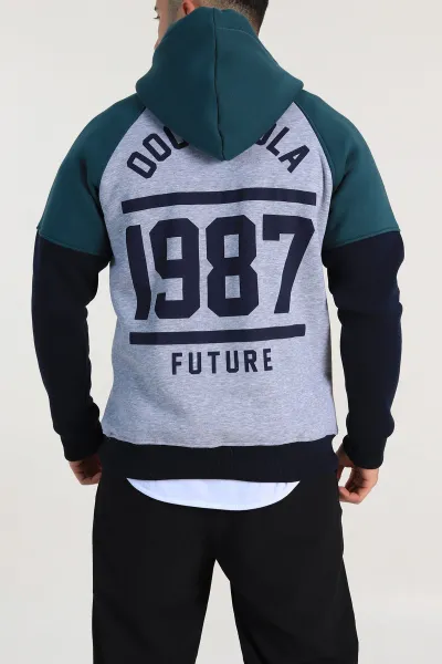 Füme Oversize Üç İp Şardonlu Yazı Detaylı Kapüşonlu Erkek Sweatshirt 309198
