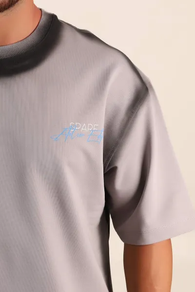 Füme Oversize Yazı Detaylı Yıkamalı Erkek Tişört 354075