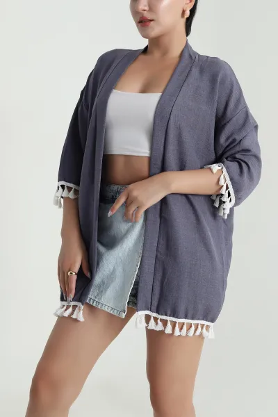 Füme Püsküllü Keten Kadın Kimono 481642