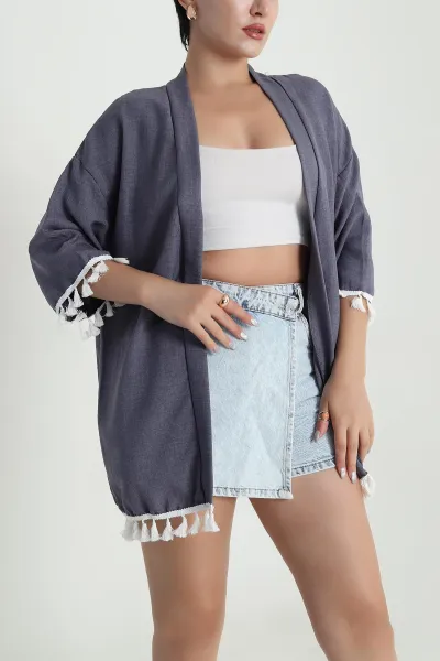 Füme Püsküllü Keten Kadın Kimono 481642