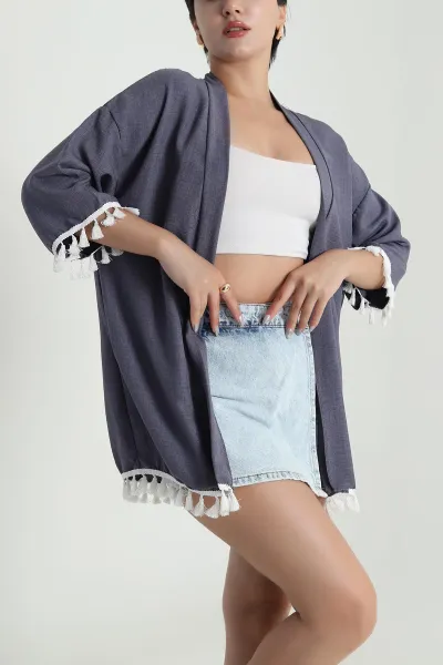 Füme Püsküllü Keten Kadın Kimono 481642