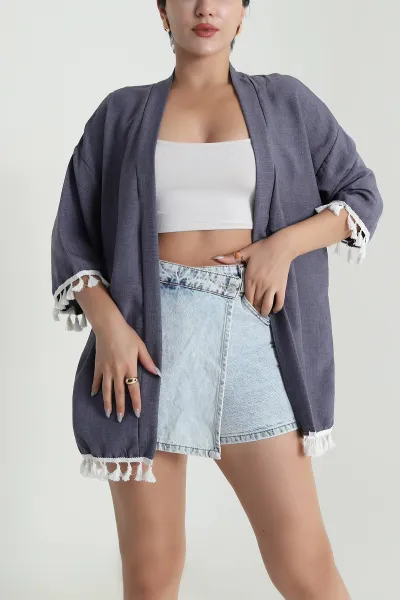 Füme Püsküllü Keten Kadın Kimono 481642