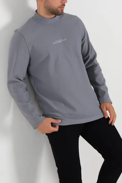 Füme Regular Fit Dik Yaka Kabartma Yazılı Erkek Sweatshirt 305768
