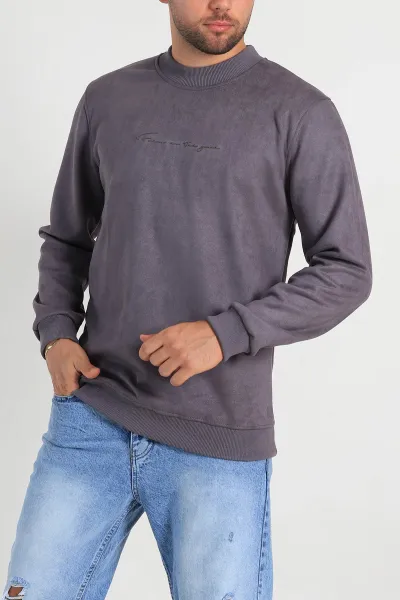 Füme Regular Fit Süet Kabartma Yazı Detaylı Erkek Sweatshirt 305901