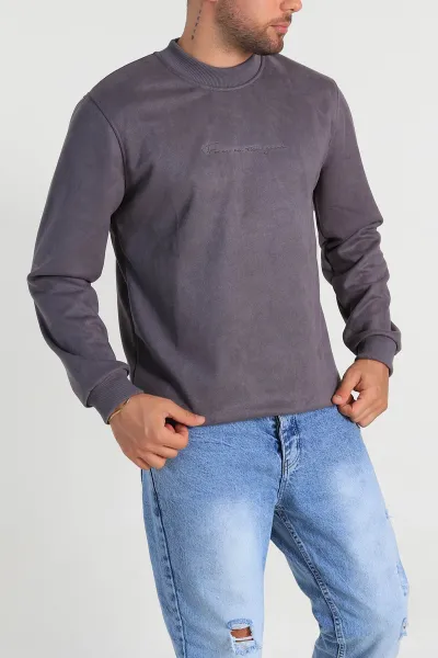 Füme Regular Fit Süet Kabartma Yazı Detaylı Erkek Sweatshirt 305901