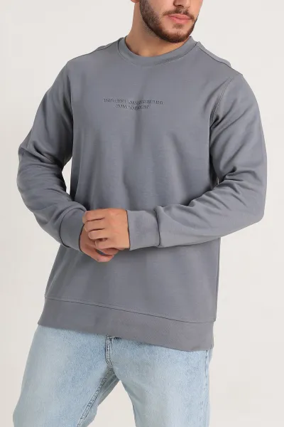 Füme Relaxed Fit İki İp Yazı Detaylı Basic Erkek Sweatshirt 299865