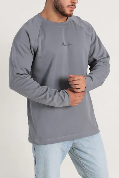 Füme Relaxed Fit İki İp Yazı Detaylı Basic Erkek Sweatshirt 299894