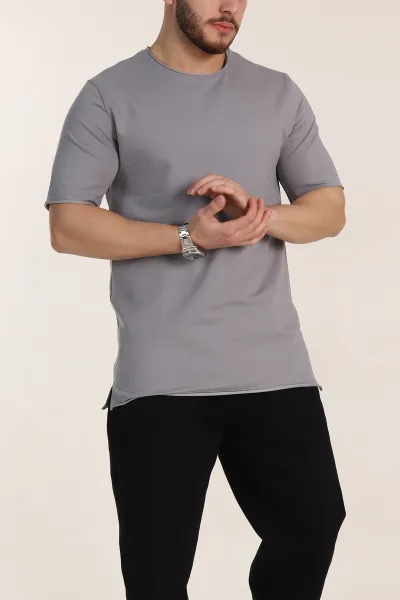 Füme Relaxed Fit İki İp Yırtık Yaka Detaylı Basic Erkek Tişört 347589