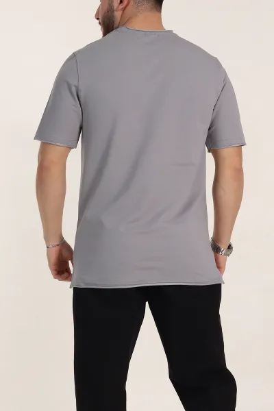 Füme Relaxed Fit İki İp Yırtık Yaka Detaylı Basic Erkek Tişört 347589
