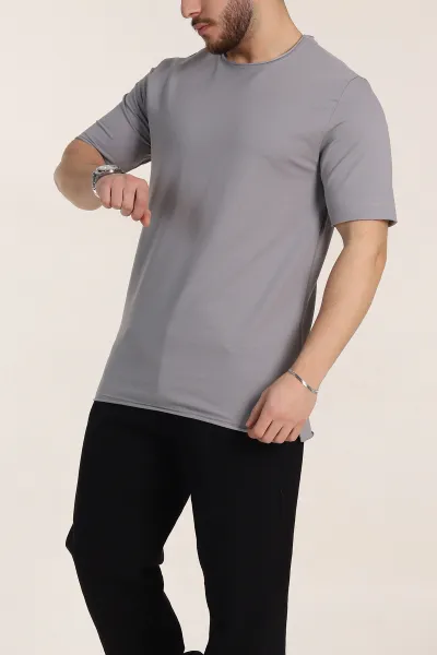 Füme Relaxed Fit İki İp Yırtık Yaka Detaylı Basic Erkek Tişört 347589