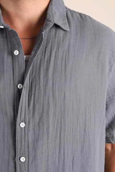 Füme Relaxed Fit Müslin Keten Kısa Kollu Erkek Gömlek 376948