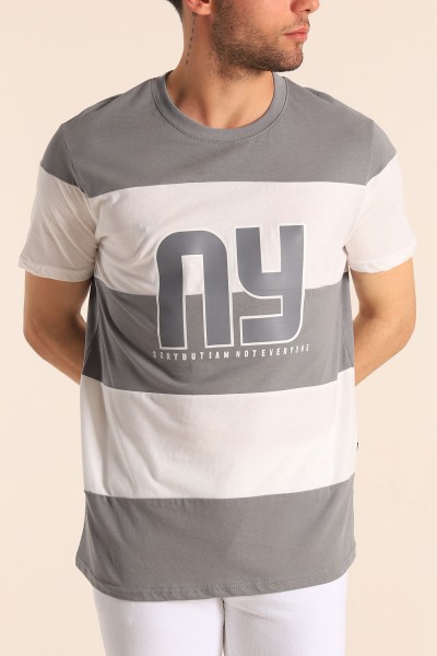 Füme Relaxed Fit NY Baskılı Çift Renk Tişört 182271