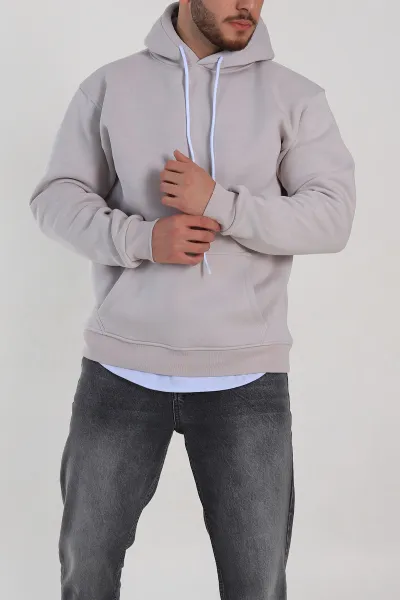 Pudra Relaxed Fit Üç İp Şardonlu Kapüşonlu Basic Erkek Sweatshirt 333292