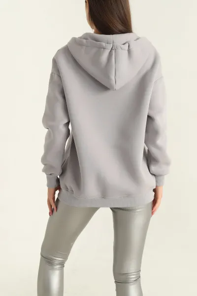 Füme Şardonlu Kapşonlu Üç İp Bayan Sweat 305069