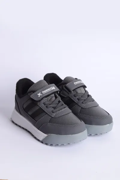 Füme Siyah (31-35 Filet) Yan  Şeritli Cırtlı Kalın Taban Erkek Çocuk Spor Ayakkabı 309107