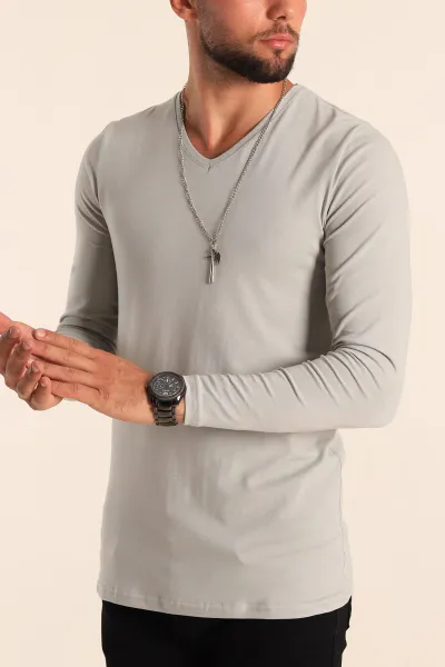 Füme Slim Fit V Yaka Likralı Basic Erkek Sweatshirt 234994