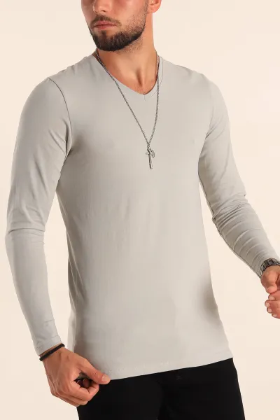 Füme Slim Fit V Yaka Likralı Basic Erkek Sweatshirt 234994
