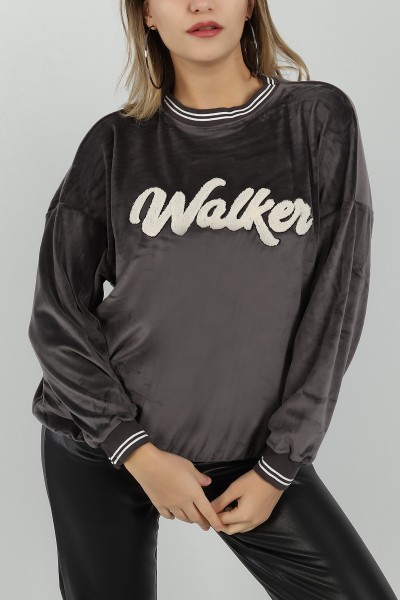 Füme Süzene Nakışlı Kadife Sweat 144949