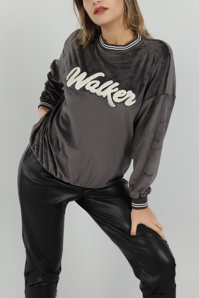 Füme Süzene Nakışlı Kadife Sweat 144949