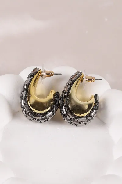 Füme Top Model Arası Gold Taşlı Şık Bombeli Küpe 450768