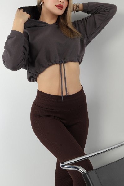 Füme Üç İp Kapüşonlu Bayan Sweat -T 149325