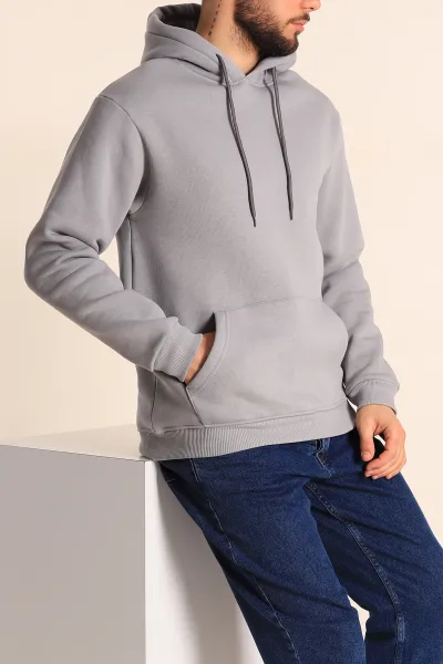 Füme Üç İp Şardonlu Kapüşonlu Basic Erkek Sweatshirt 226426