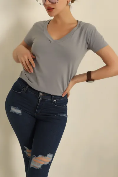 Füme V Yaka Bayan Tişört 269618