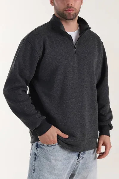 Füme Yarım Fermuarlı Dik Yaka Erkek Sweatshirt 413425
