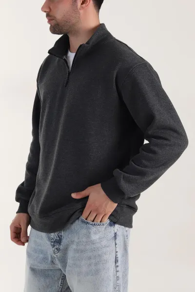 Füme Yarım Fermuarlı Dik Yaka Erkek Sweatshirt 413425