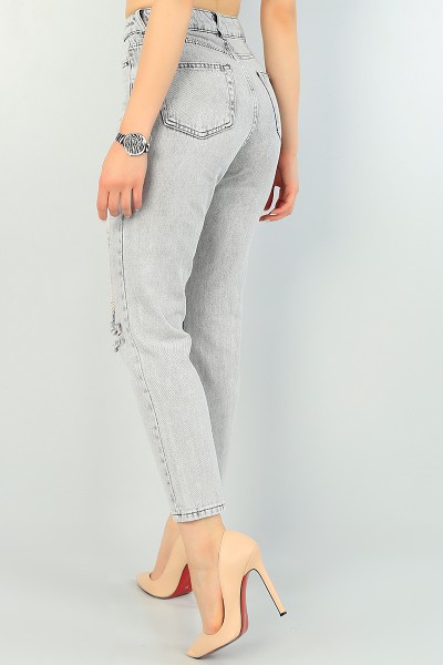 Füme Yıkamalı Yırtık Mom Bayan Kot Pantolon 69203
