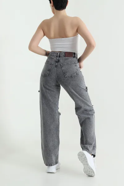 Füme Yırtık Tasarım Kadın Kot Pantolon 444082