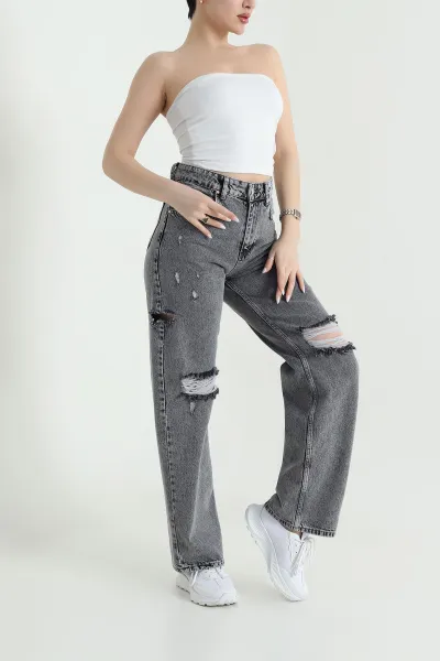 Füme Yırtık Tasarım Kadın Kot Pantolon 444082