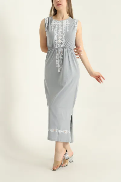Füme Yırtmaçlı Beli Lastikli Süprem Elbise 288866