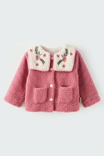 Fuşya (0-4 Yaş) Yakası Çiçek Nakışlı  Kuzu Kız Çocuk&Bebek  Hırka 487884