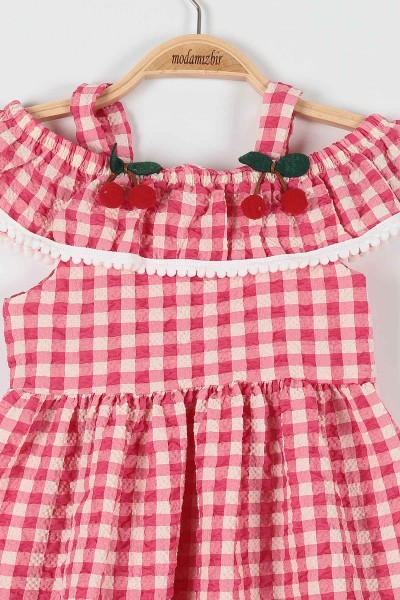 Fuşya (1-3 Yaş) Kiraz Motifli Kareli Askılı Kız Çocuk Elbise 181125