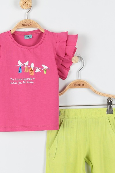 Fuşya (1-4 Yaş) Kuş Baskılı Kol Detaylı Paça Lastikli Kız Bebe Takım 174350