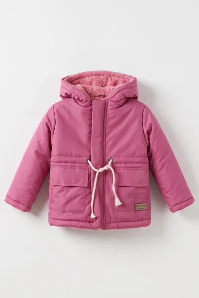 Fuşya (1-5 Yaş) Belden İpli Kapüşonlu Kız Çocuk Mont 495817