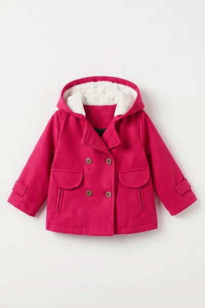 Fuşya (1-5 Yaş) Fleto Cepli Kapüşonlu Kaşe Kız Bebek&Çocuk Mont 498788