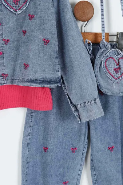 Fuşya (1-9 Yaş) Nakışlı Kısa Kol Tişörtlü Kot Pantolon ve Ceketli Çantalı Kız Çocuk Takım 416333