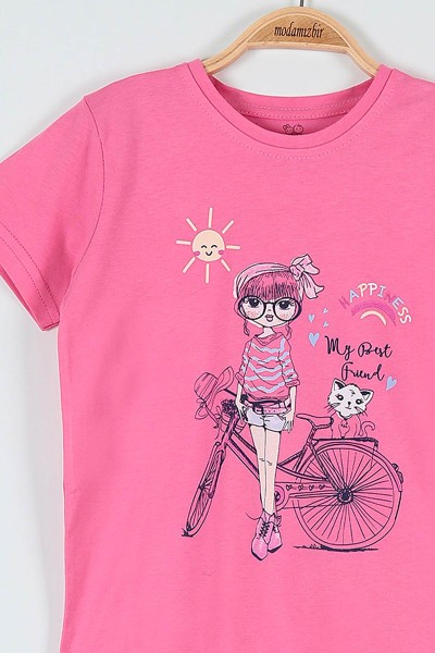 Fuşya (10-12 Yaş) Happıness Sun Baskılı Kaprili KIz Çocuk Pijama Takımı 182040