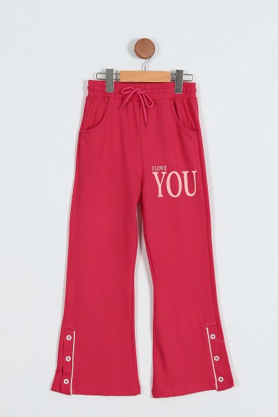Fuşya (10-13 Yaş) I Love You Baskılı İki İp Kapüşonlu İspanyol Paça Kız Çocuk Takım 203153