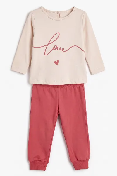 Fuşya (3-18 Ay) Love Nakışlı 3'lü Kapüşonlu Kız Bebek Takım 475898