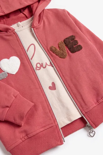 Fuşya (3-18 Ay) Love Nakışlı 3'lü Kapüşonlu Kız Bebek Takım 475898