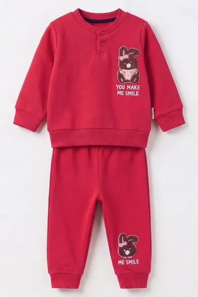 Fuşya (3-24 Ay) Süzene Tavşan Nakışlı Yaka Çıtlı 3 İp Şardonlu Kız Bebek Kışlık Takım 495558