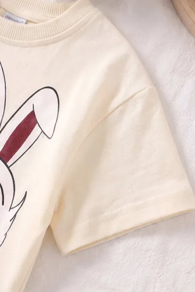 Fuşya (4-10 Yaş)Daisy Duck Baskılı  Alt Fitilli Baskılı Şort Diz Boy Kısa Taytlı Kız Çocuk Yazlık Takım 469893
