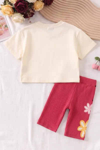 Fuşya (4-10 Yaş)Daisy Duck Baskılı  Alt Fitilli Baskılı Şort Diz Boy Kısa Taytlı Kız Çocuk Yazlık Takım 469893