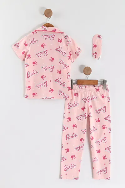 Fuşya (4-12 Yaş) Baskılı Kısa Kol Ön Düğmeli Göz Bandı Detaylı Kız Çocuk Pijama Takım 453259