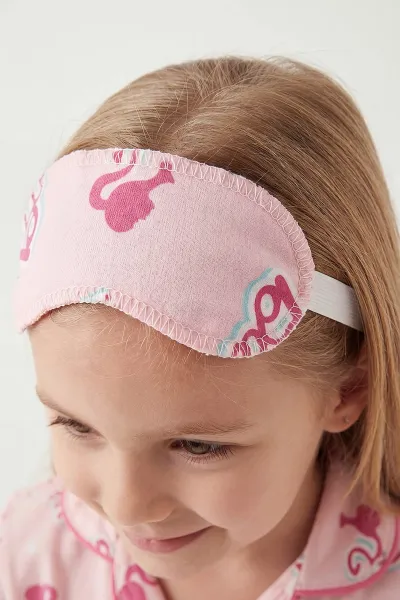 Fuşya (4-12 Yaş) Baskılı Kısa Kol Ön Düğmeli Göz Bandı Detaylı Kız Çocuk Pijama Takım 453259